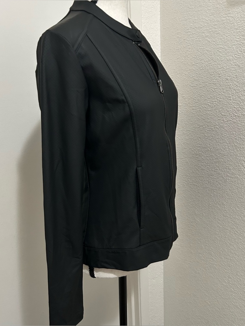 Perforated Faux Leather Moto Jacket Black Full Zip Mock Neck Minimalist Biker S - Picture 5 of 7